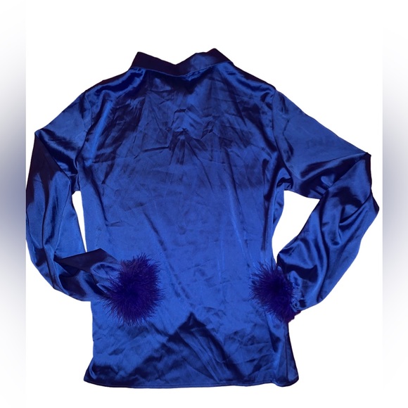 Royal Blue silk Blouse with Blue feather detail at cuff - Picture 6 of 11